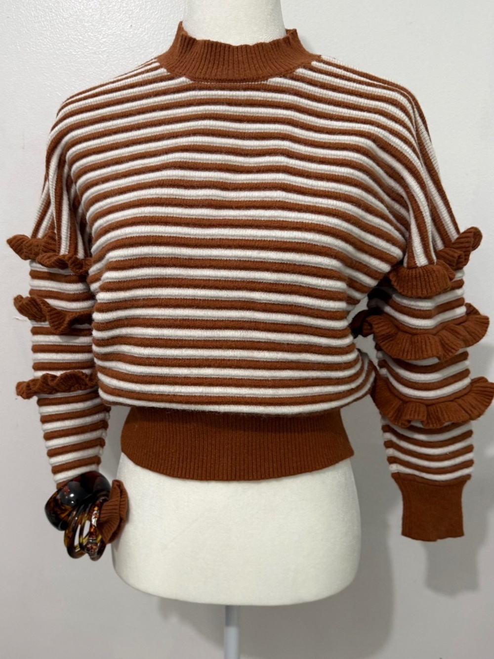 English Factory Striped Ruffle Sleeve Mock Neck Sweater. Fall's Favorite-Brown!